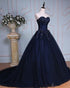 Gorgeous Navy Blue Ball Gown Evening Dresses with Lace Appliques Real Formal Dress 2018